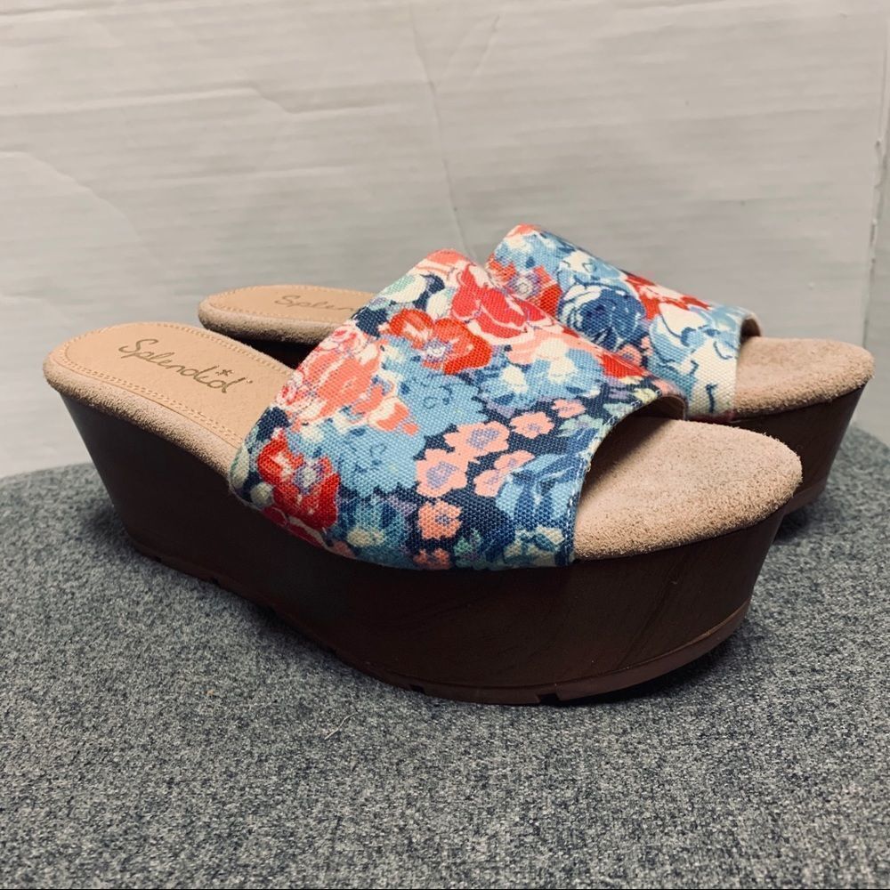 Splendid Lana Floral Blue Pink White Wood Flatform Platform Slide Sandal 7.5